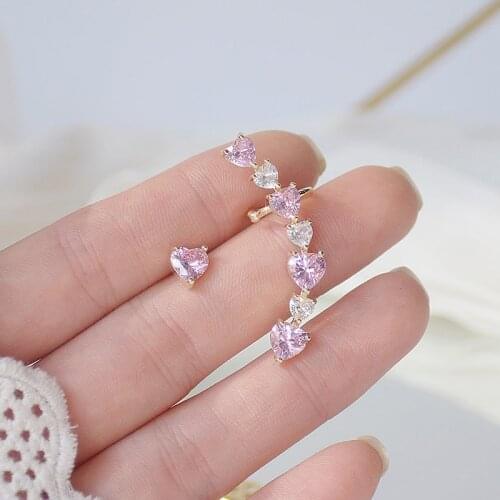 Trendy Asymmetry Pink Zirconia Earring for Women AAA Cubic Zirconia Temperament Crystal Stud Earrings Wedding Bridal Jewelry