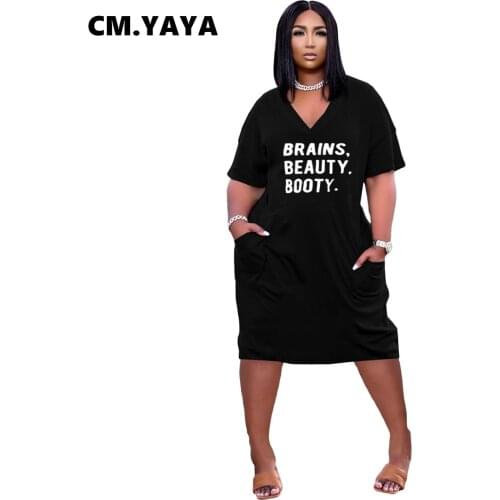 CM.YAYA Women Midi Dress Letter Print Short Sleeve V-neck Pockets Loose Straight Knee Length Dresses Casual Streetwear Summer