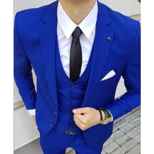 Stylish Design Two Buttons Royal Blue Groom Tuxedos Groomsmen Notch Lapel Mens Suits Blazers (Jacket+Pants+Vest+Tie) W:1164