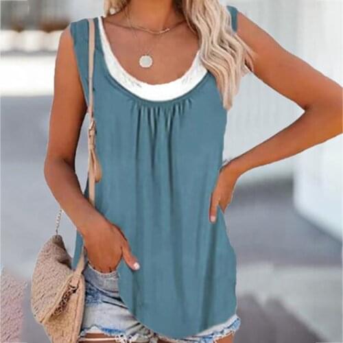 Umeko 2021 Summer Style Soft Women Fake Two-layer Sleeveless T-shirt Casual T Shirt Elegant Lady Bottoming Tees Streetwear