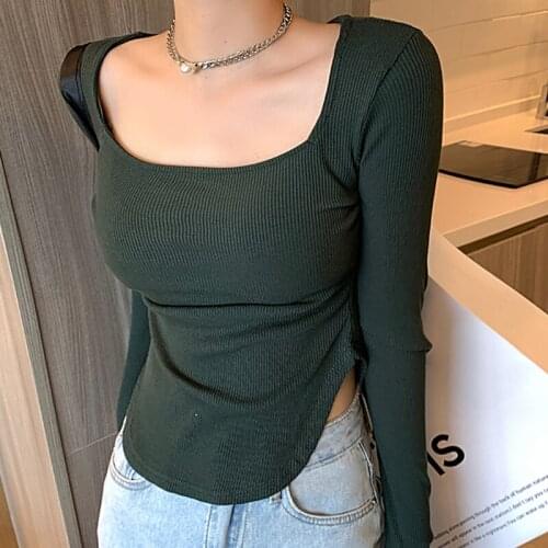 Harteen Spring Autumn Cotton Square Collar Korean Fashion Long Sleeve Women Clothing Tee Shirt Femme Top Camisetas De Mujer