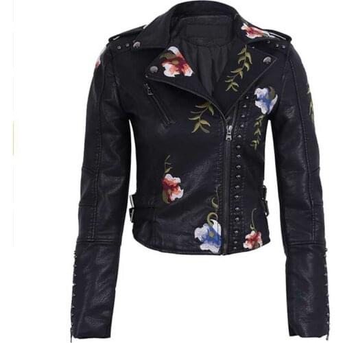 Ailegogo Spring Autumn Flowers Embroidery Pu Leather Jacket Women Turn-down Collar Rivet Zipper Black Biker Coats Tops Clothes