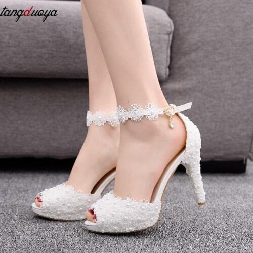 Women bridal shoes wedding shoes women white lace high heels pumps women shoes pointed toe stiletto heels flower high heel shoes