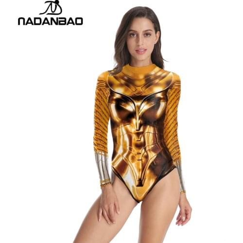 NADANBAO Superhero Wonder Printed 3D One Piece Swimsuit Long Sleeve Swimwear Women Bathing Suit Summer Push Up Swimwear