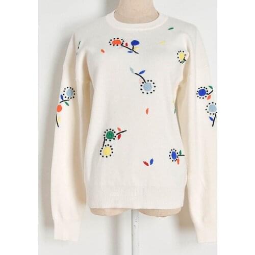 Autumn Winter Women Solid Color Floral Embroidered Knitted Pullover Sweater Tops O Neck Long sleeve Casual Jumper Sweater Female