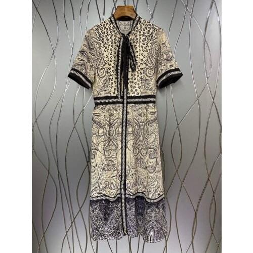 Vintage Print Dress 2021 Summer Fashion Clothing Women Bow Collar Color Block Patchwork Short Sleeve Casual Cotton Dress Boho