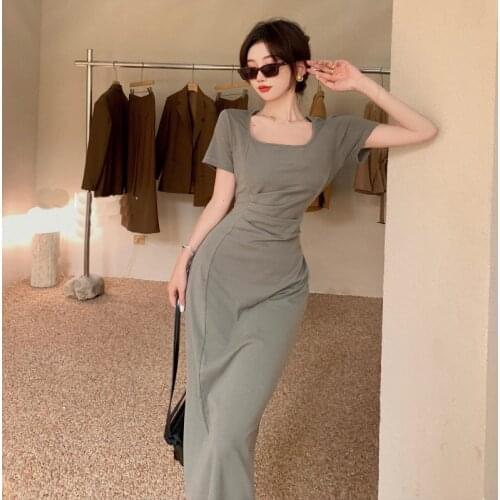 Vintage Dress Women 2021Summer New Square Collar Irregular Hip Dress Soild Elegant Dress Slim Ladies Party Evening Dresses Trend