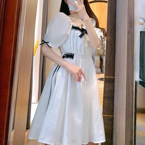 Sweet Vintage Midi Dress White Square Collar Women Design Puff Sleeve Dress 2021 Summer Dress Elegant High Waist One-piece Robe