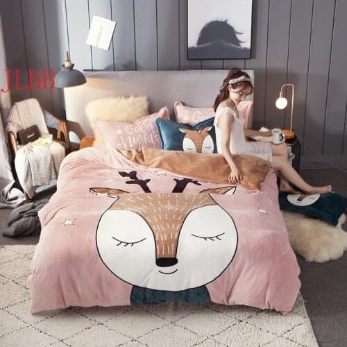 Winter Warm Flannle Bedding Set Printed Velveteen Duvet Cover Set 3/4pcs Fox Pink Girl Bedclothes Milk Coral Fleece High Quality