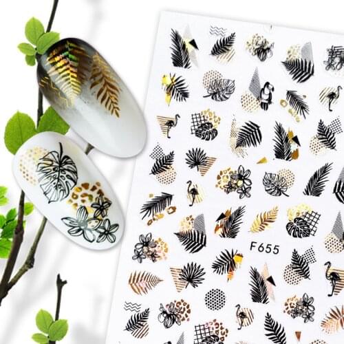 1pcs Black Laser Gold Line 3D Simple Nail Sticker Coconut Tree Leaf Pattern Shiny DIY Nail Decoration Tools