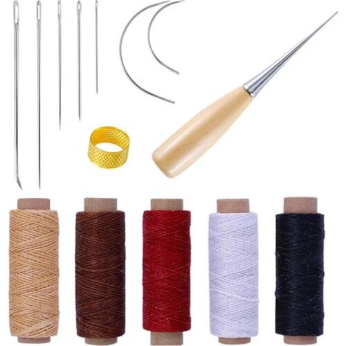 14pcs/set Hand Sewing Needles With Leather Waxed Thread Cord Drilling Awl And Thimble For Leather Canvas Coats Repair Tools