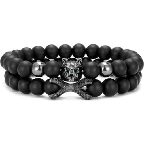 2pcs/lot 8mm wolf gold silver copper cz zircon cubic zirconia beads Yoga Bracelet elastic agate Stone Bangles rtg2s