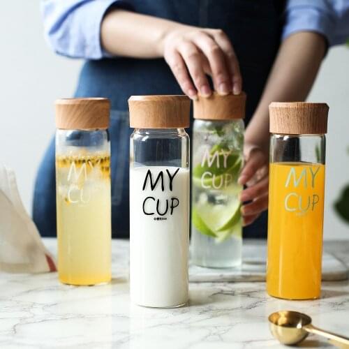 400ml Clear Glass Bottle with Tea Filtration Summer Juice Lemon Water Bottle Student Simple Milk Drink Cup Wood Grain PP Lid