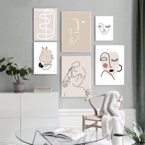 Abstract Woman Face Line Art Boho Canvas Poster Girl Body Print Paintings Beige Minimalist Wall Art Pictures Bedroom Decoration