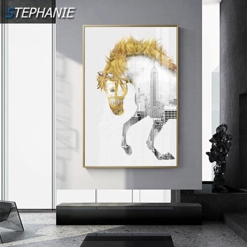 Abstract Golden Horse Canvas Painting Modern Animal Wall Art Pictures Nordic Poster Print for Living Room Big Luxury Saudi Decor