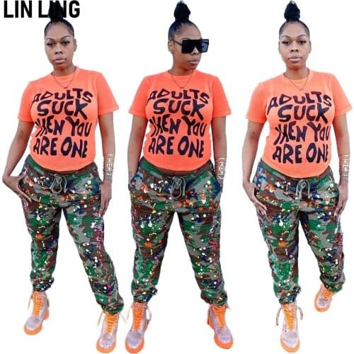 LINLING Trendy High Street Pants Camouflage Splash Printing Lace Up High Waist Straight Loose Pocket Casual Trousers