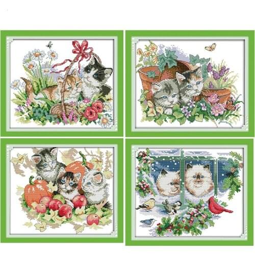 Four Seasons of Cats DIY Cross Stitch Kit11CT 14CT Animals Printed Pattern Needlework Crafts DMC Fabric on Canvas Embroidery Set