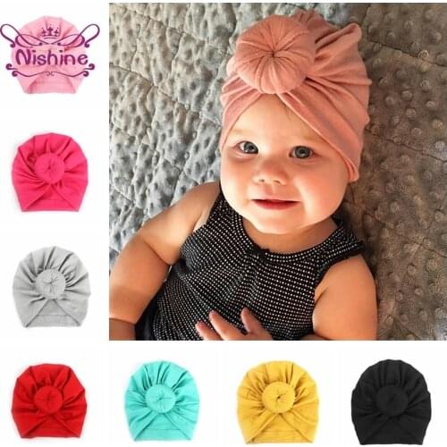 Nishine Baby Turban Hat with Bow Children Hats Cotton Blend Newborn Beanie Top Knot Caps Kids Headwear Photo Props Shower Gift