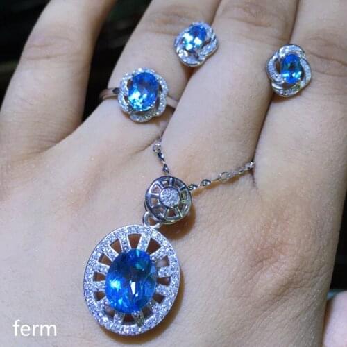 KJJEAXCMY exquisite jewelry 925 pure silver inlaid natural blue toppel jewelry pendant Pendant Earrings 4 sets