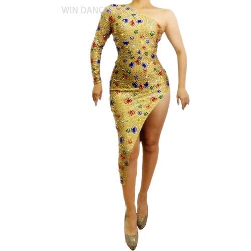Sparkly Oblique Shoulder Multi-color Glass Rhinestones Long Dress Womens Birthday Celebrate Outfit One Sleeve Dancer Dresses