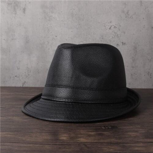 Leather Balck Men Fedora Hat For Dad Jazz Hat Fashion Gentleman Flat Bowler Church Hat