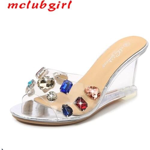 MCLUBGIRL 2021 Wedge Female Summer New Sexy Crystal Transparent High Heels Glass Rhinestone Wedge Slippers LFD