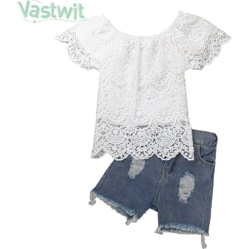 Fashion 1-4Y Baby Girls Summer Clothes Short Sleeve Off Shoulder Ruffle Lace T-shirt Tops Hole Denim Shorts Jeans 2Pcs Outfits