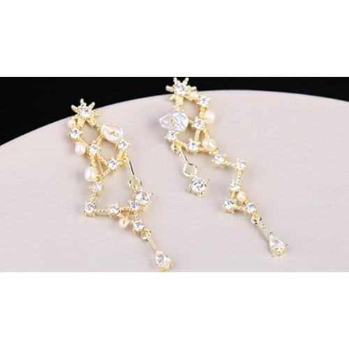 Fashion Natural Freshwater Baroque Earrings Simple Irregular Zircon Constellation Metal Earrings Exquisite Charm Fine Jewelry