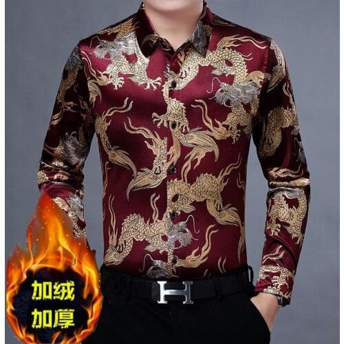 Man Winter Thick Velvet Dress Fashion China Dragon Patterns Shirts Long Sleeve Male Warm Gold Velvet Clothing Free Shipping