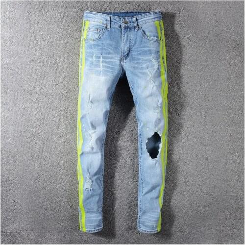 2021 Mens male casual man neon yellow color lines patchwork ripped jeans Fashion holes destroyed denim stretch pants trousers