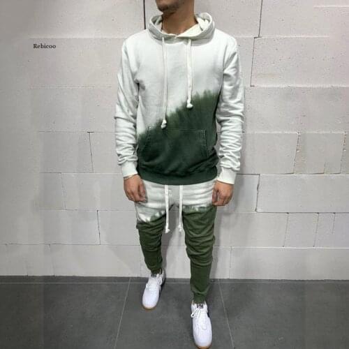 Mens 2 Pieces Contrast Color Personality 3D Gradient Casual Suit Sweater Hooded Suit Men