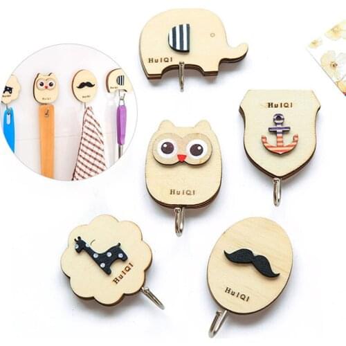 Wall Mounted Coat Hook Wooden Cartoon Pattern Sticky Hooks Home Decor Holder Wall Hanger Kitchen Utensil Bathroom Accessories
