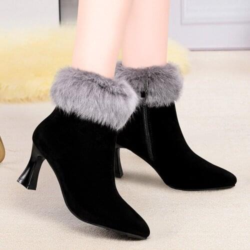 2021 Winter New Side Zipper WomenHigh Heels Casual Warm Snow Platfrom Boots Fashtion Pointed Head Women Soft Ankle Boots