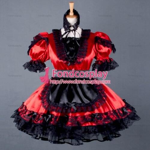 Sexy Sissy Maid Dress Lockable Red Satin French Uniform Dress Cosplay Costume Custom-made[G790]