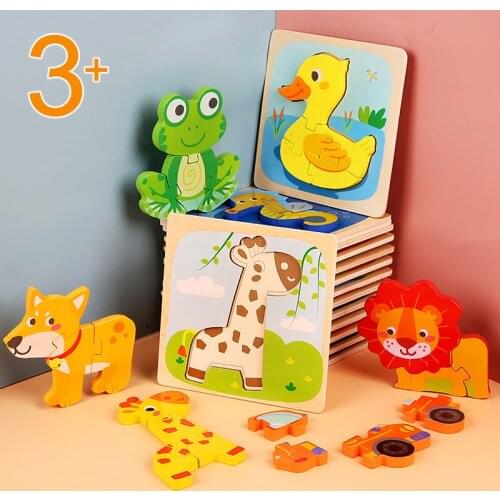 Cartoon Animal Puzzles Wooden 3D Puzzle Jigsaw Baby Learning Toys Assembling Intelligence Kids Montessori Early Educational Toys