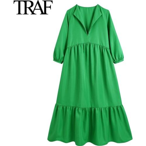 TRAF Za Women Clothing Fashion French Office Lady Willon Green Dress Summer Female Robe Boho Midi Long Dress Vestidos Mujer