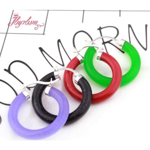 30mm Semicircle Stone Beads Tibetan Silver Trendy Fashion Jewelry Woman Gift Earclip Hoo ps Earrings 1 Pair Gift ,Free Shipping