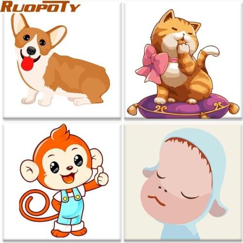 RUOPOTY Cute Cat Dog Animal Cartoon Painting By Numbers Kits For Kids Diy Oil Paints Beginner Handpainted Frameless Unique Gift