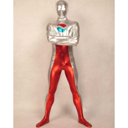 Silver And Red Pepsiman Costume Shiny Metallic Halloween Events Cosplay Suit