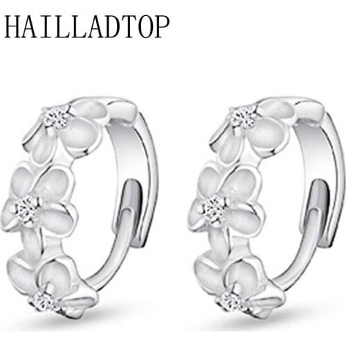 Silver Plated Drop Earrings Plum Blossom Flower Women Austria Crystal Trendy Smooth Plum Flower Camellia Hoop Earrings Jewelry