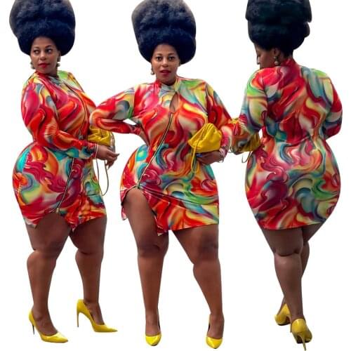 Cutubly Plus Size Party Wear Dresses For Girls Print Long Sleeve Bodycon Dress Sexy Side Split Zipper Irregular Autumn Vestidos