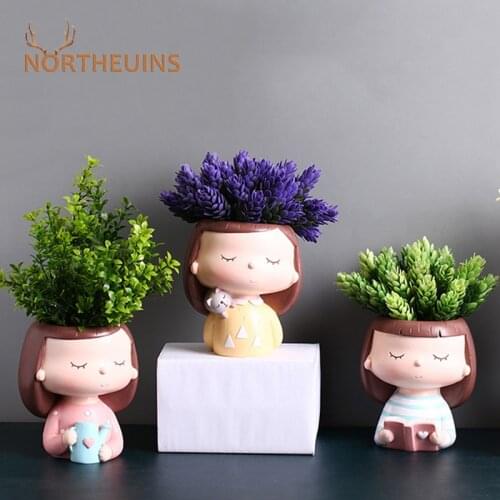 NORTHEUINS Resin Fairy Lovely Girl Flower Pot Figurines For Interior Nordic Creative Vase Support For Flower Home Desktop Decor
