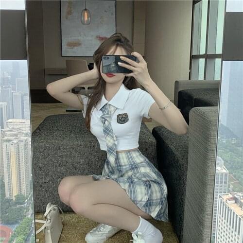 Super fire jk suit college style slim short polo shirt with tie + high waist plaid skirt niche sense of luxury