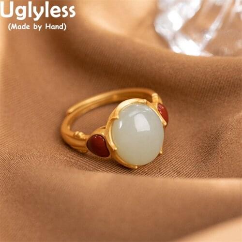 Uglyless Gold Crown for Jade Rings for Women Real 925 Silver Ethnic Dress Jewelry Heart-shape Agate LOVE Gifts Gemstones Rings