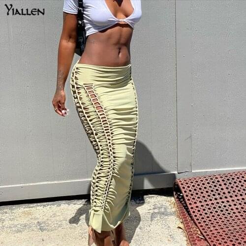 Yiallen Summer Women Sexy Hollow Out Hole Solid High Waist Slim Stretch Maxi Skirt Casual Streetwear Female Y2K Skirt Hot Sale