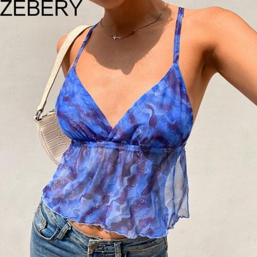 ZEBERY Blue Wave Print Mesh E Girl Crop Top Women Backless Cross Lace Up Rave Beach Outfits Deep V Neck Sexy Tanks Camis Y2K
