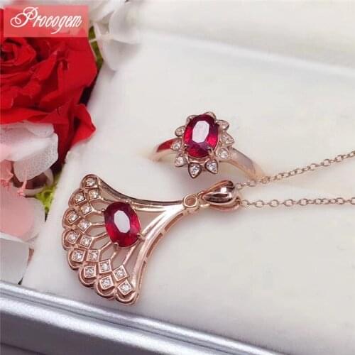 Natural Ruby jewelry sets for women Genuine Gemstone Fan-shaped Nacklace Ring 925 Sterling silver wedding party gifts #038