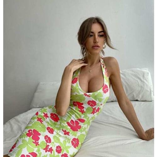 Women Tie-up Halterneck Dress Adults Slim Fit Sleeveless Flower Print V-neck