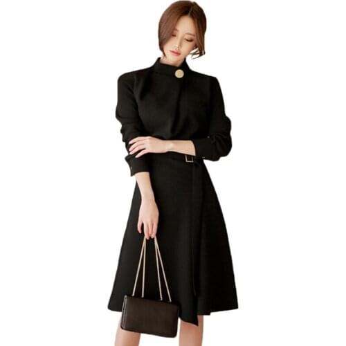 CINESSD a line dresses for women long Sleeve stand black female formal loose holiday midi office Party guest dress
