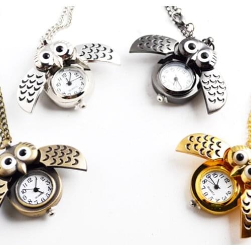 10pcs/lot Vintage Owl Pocket Watch Retro Clock Pendant Sweater Necklace With Chain Watches Women Students Gift Wholesale
